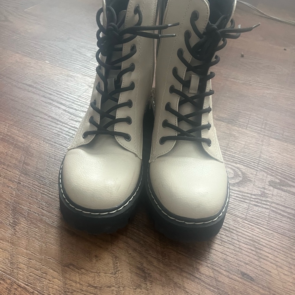 White and Black Combat Moto Boots with Chunky Design